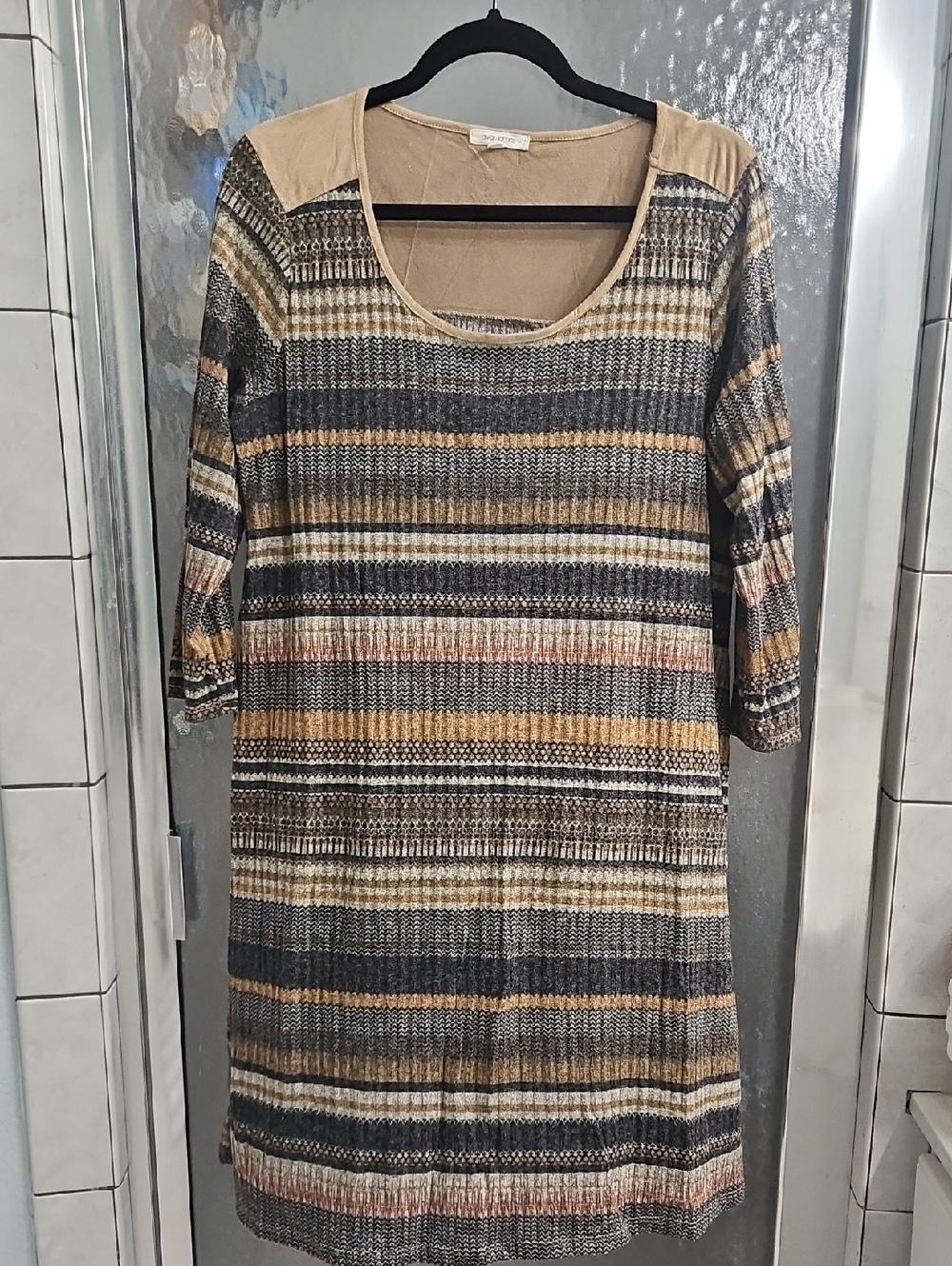 Striped Midi Dress in Beige, Black and Tan